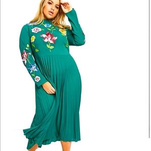 ASOS DESIGN Curve Pleated Embroidered Green Dress